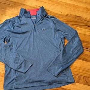 Vineyard Vines Heathered Blue Quarter-Zip Pullover with Pink Collar Accent